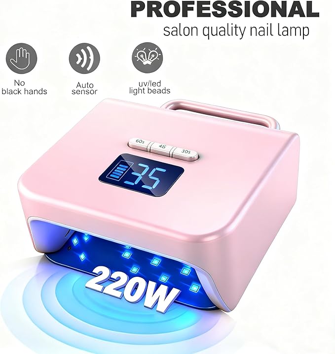Cordless Nail Lamp, Lumcrissy 220W Professional Nail Dryer with 3 Timer Setting & Auto Sensor, Wireless Fast UV Nail Light Curing Lamp for Salon & Home