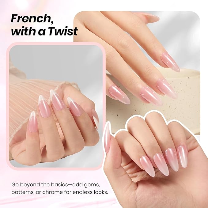 Beetles French Tip Gel Set - Pearl Glaze White Nude Pink Upgraded Gel Nail Kit Soak Off UV LED with 4 Styles Bubble French&Chrome Powder Nail Art Sticker DIY Home Salon Spring Gift for Women