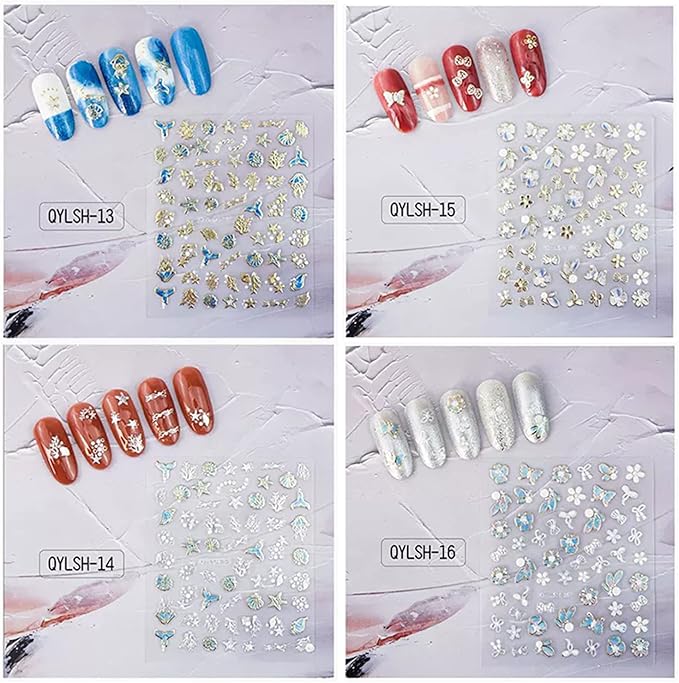 Zoance 20 Sheet 5D Embossed Nail Art Stickers,Luxury Gold Silver Nail Decals Self-Adhesive Metallic Leaves Flower Butterfly French Nail Stripe Line Stickers for Women Salon Home DIY Nail Supplies