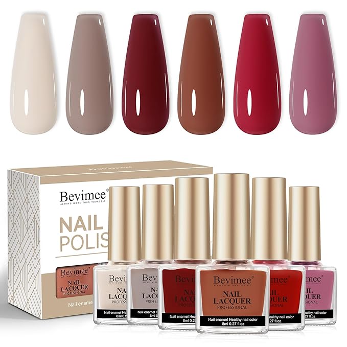 Nail Polish Set 6 Colors Quick Dry Nail Lacquer Non Gel Nude Brown Red Air Dry Fingernail Polish Regular Sheer Colors DIY Salon Gift for Women