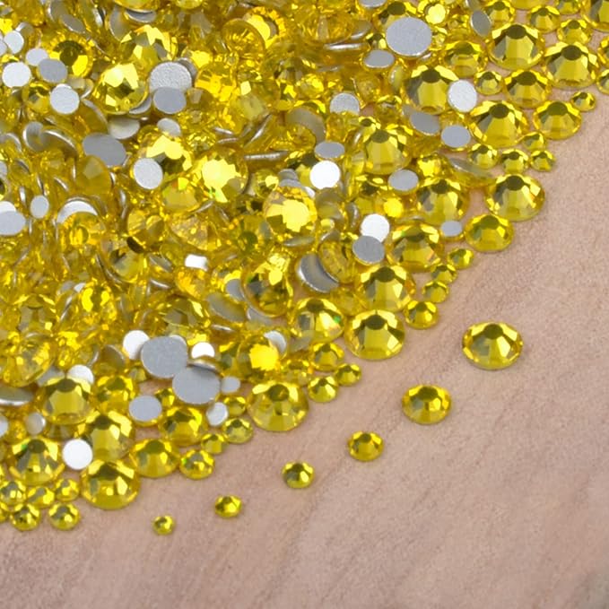10000 Pieces Rhinestones 6 Sizes Round Crystal Glass Flat Back Rhinestones with 1Tweezers and 1Picking Pen for Nail Art Crafts Clothes Bags DIY (Lemon Yellow)