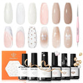 modelones Gel Nail Polish, 6 Colors Milky White Nude Beige Jelly Shimmer Gel Polish Set with Stickers & Liner Brush for DIY French Nails Polka Dot Nails Soak Off Nail Art Kit Manicure Salon