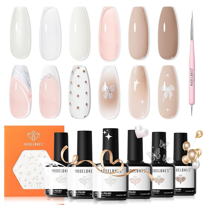modelones Gel Nail Polish, 6 Colors Milky White Nude Beige Jelly Shimmer Gel Polish Set with Stickers & Liner Brush for DIY French Nails Polka Dot Nails Soak Off Nail Art Kit Manicure Salon