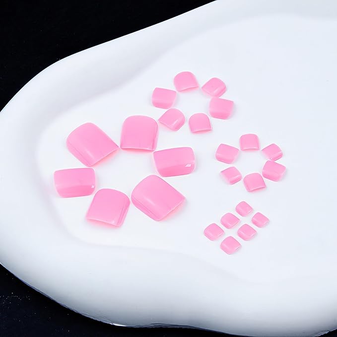 24 Pcs Solid Color Hot Pink Press on Toenails Short Square Fake Toe Nails Baby Pink Glossy Full Cover Pink Solid Color Design Summer False Glue on Toe Nails for Women Manicure Decoration