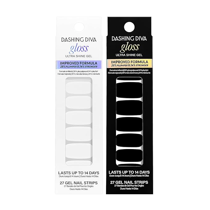 Dashing Diva Gloss Nail Strips Bundle - The Black & White Collection - Real Black & Daikon - UV Free, Chip Resistant, Long Lasting Gel Stickers - Contains 2 Sets