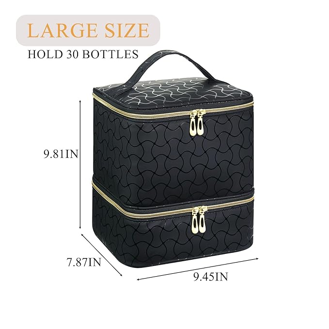 Upgraded Nail Polish Organizer Case - Holds 30 Bottles and 1 Nail Light, Double-layer Nail Bag Organzier Case Nail Polish Storage Bag with Handles (Black-HX)