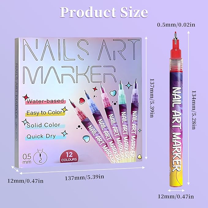 12 Colors Nail Art Pens Set, Nail Art Polish Pen for 3D Nail Art, Drawing Painting Liner Brush for DIY Nail Art Beauty Adorn Manicure Tools (1 Sets)