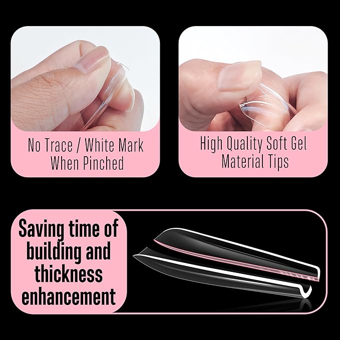 NOVO OVO Sculpted XXL Coffin Nail Tip for Curved Nail Beds, Extra Thick Long False Nails Press on, Full Cover Soft Gel Extension Fake Nail for Acrylic kit, Clear X 15 Sizes 300pcs