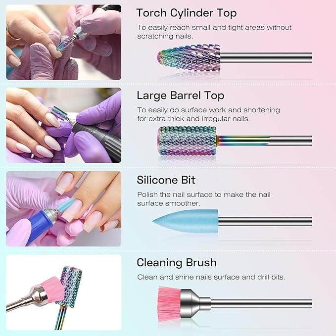 Depvko 10pcs Carbide Nail Drill Bits Set: Professional Cuticle Bit for Efile Nail Drill with 75pcs Small Sanding Bands (#80#120#180) & Mandrel Bit Acrylic Gel Nail Remover Tool Manicure Pedicure Kit
