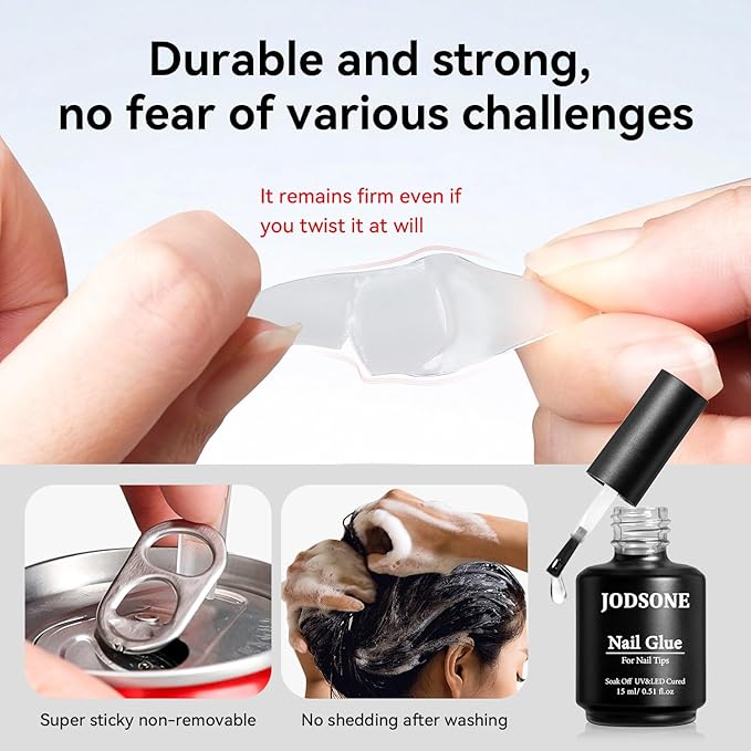 JODSONE 15ml Nail Glue Gel 4 in 1 for Nail Tips Long Lasting Extension Glue for Clear Nail Tips and Clear Press on Nails, Nail Repair Treatment, Salon Art DIY at Home Need U V Light Cured