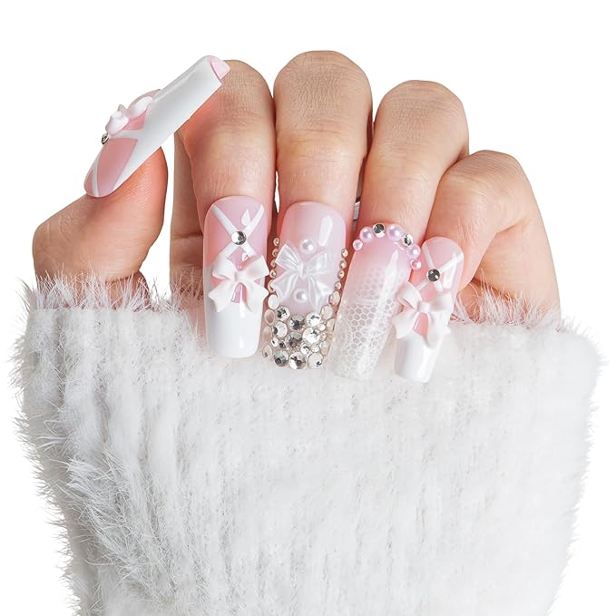LOVFUL Short French Tip Press on Nails Ribbon Dream | Handmade Acrylic Press ons| Reusable Fake False Nails | Square Classic Regular 1.3in | H720-S