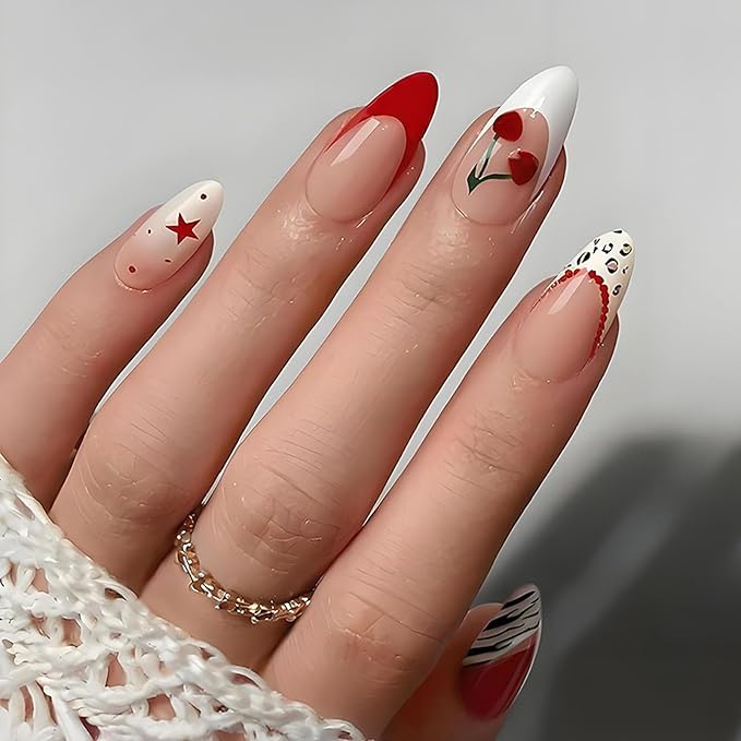 Press on Nails Medium Almond MABKJLF French Tip Fake Nails False Nails with Cherry Stars Zebra Leopard Print Polka Dots Designs Glossy Glue on Nail Full Cover Acrylic Nails for Women Girls 24Pcs