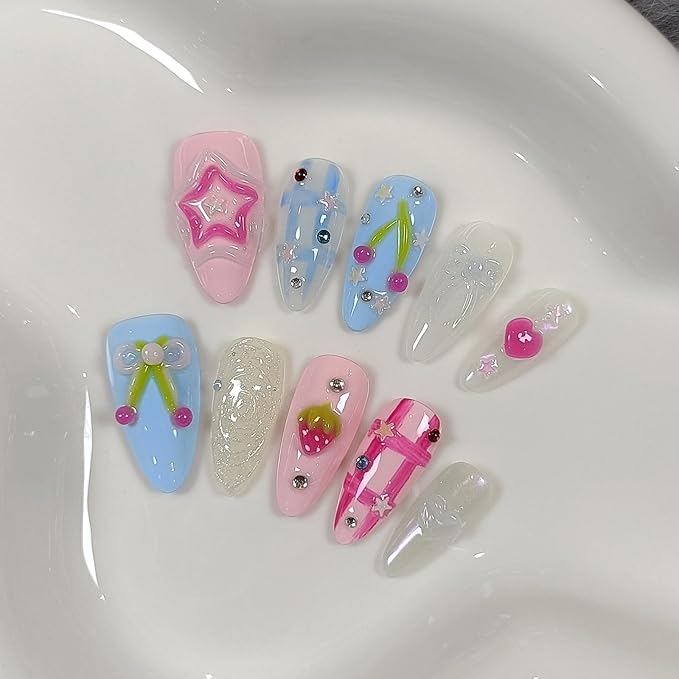 Handmade Press On Nails Almond,Blue Pink Summer Nails,Checkered Glitter Fruit False Nails with Rhinestone Stars Holographic Designs,Soft Gel Sweet Cute Fake Nails for Girls,10pcs(L,Blue Pink)