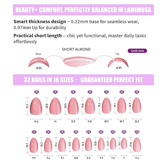 LAMIMOSA 32Pcs Lilac Press On Nails Short Almond – Soft Gel Fake Nails in 16 Sizes, Reusable Glue on Nail kit, LILAC