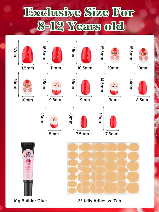 78 Pieces Christmas Press on Nails for Kids, EBANKU 3 Pack Kid Fake Nail Kit Old Christmas Cute Press on Nails for girls 8-12 Years with Jelly Nail Adhesives & Nail Builder Glue