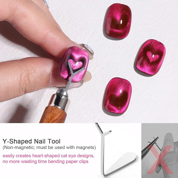 3 in 1 Cat Eye Magnet Brush Pen, Double-Ended Magnetic Wand with Brush for Cat Eye Gel Nail Polish, Heart Bunny Spiral Swirl Effect Nail Art Tools, Multifunctional Manicure Accessories