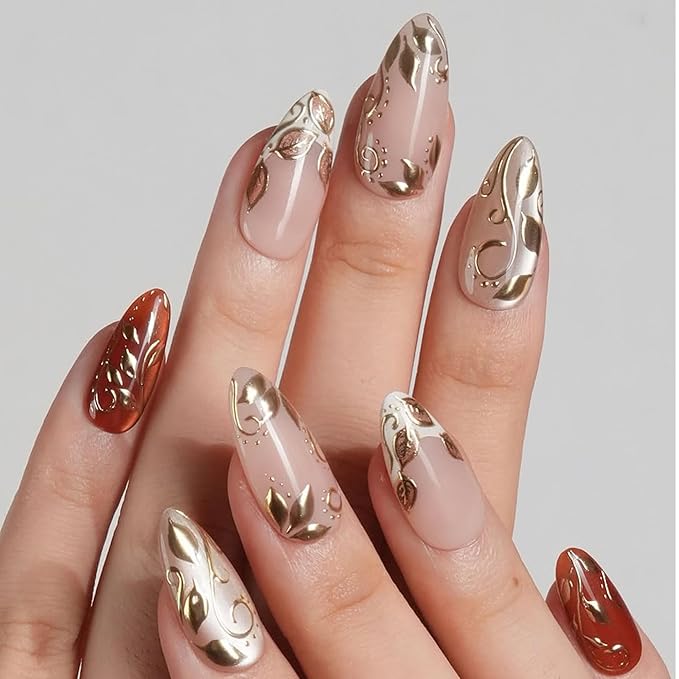 Gold Leaf Press on Nails Medium Almond Fake Nails White French Tip False Nails with Golden Line Design Glue on Nail Glossy Acrylic Artificial Stick on Nails for Women Girls 24Pcs