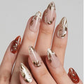 Gold Leaf Press on Nails Medium Almond Fake Nails White French Tip False Nails with Golden Line Design Glue on Nail Glossy Acrylic Artificial Stick on Nails for Women Girls 24Pcs