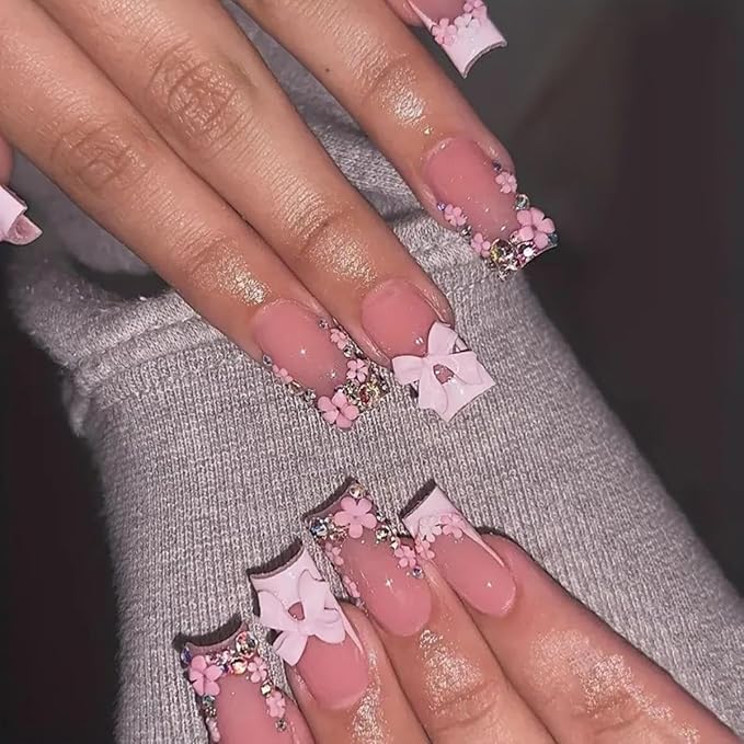 Long Press on Nails 3D Flower Fake Nails Square with Bow Charms Design Rhinestones French Tips Glue on Nails Spring False Nails Summer Nails Glossy Reusable Full Cover Manicure for Women 24PCS