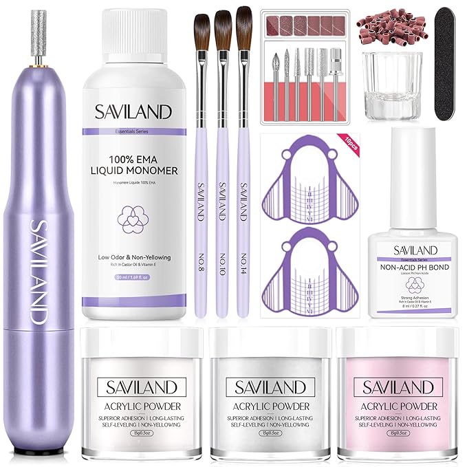 SAVILAND Acrylic Nail Kit with Drill: Beginner Nail Kit with Keratin Colored Acrylic Nail Powder, MMA-free Monomer Liquid, Primer, Brushes, Forms & Tools for DIY Nail Art Extension Home Use