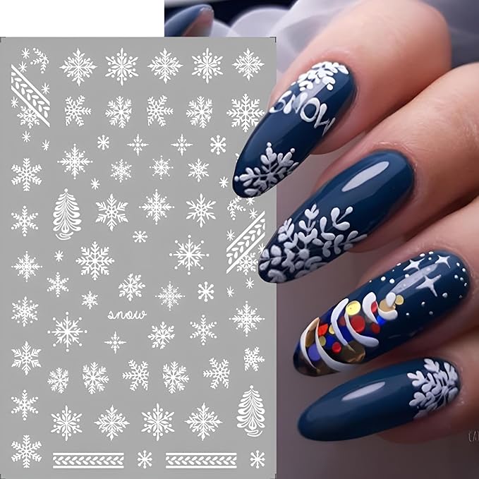 9 Sheets Christmas Snowflake Nail Art Stickers, Winter Romance Nail Decals, White Reindeer 3D Self-Adhesive Nail Sticker, Holiday DIY Manicure Decoration Supplies Accessories for Women Girls