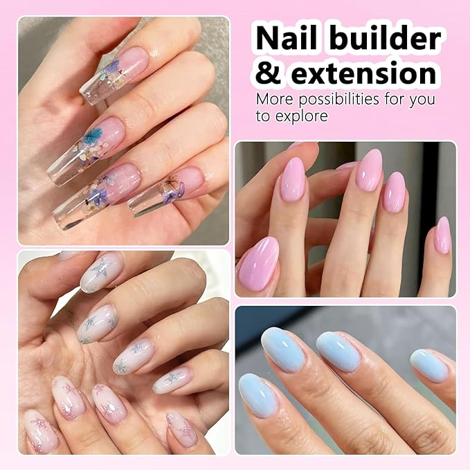 Builder Gel for Nails, 4 Colors Thickening Builder Nail Gel Clear Milky White Baby Blue Camouflage Apex Building Nail Strengthener Gels Kit with Brush Pen Dual Forms UV Cure Extension Manicure
