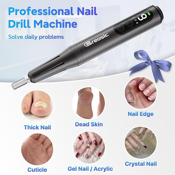 Electric Nail Drill Professional 35000RPM,Rechargeable Electric Nail File Cordless with 9-Speed & LED Display,12-in-1 Portable Manicure Pedicure kit for Acrylic Gel Dip Powder Nails (Gray)