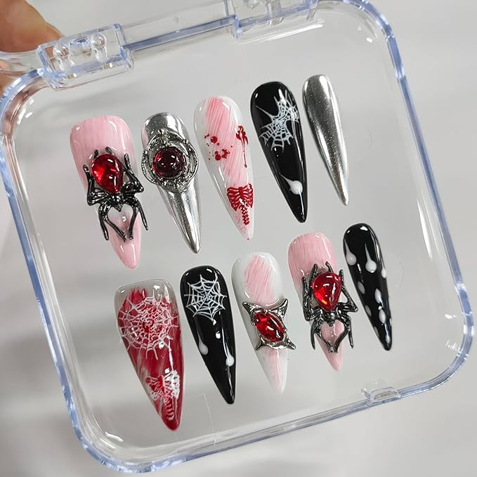 Halloween Handmade Press on Nails Long Almond 3D Nails Thick Acrylic Fake Nails Gothic False Nails with Spider Charms Rhinestones Designs Black&White Sturdy Nail Art Press on Nails 10Pcs(M)