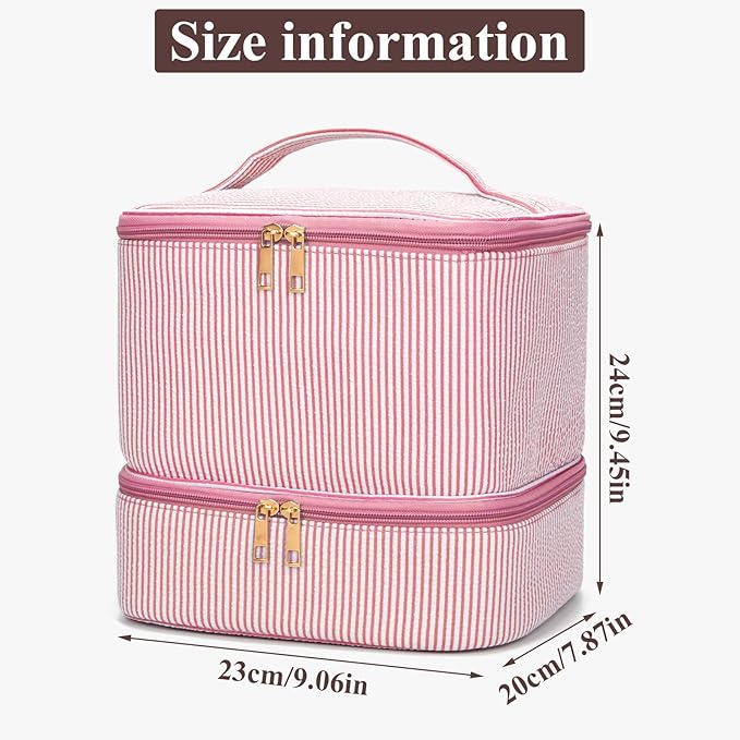 Nail Polish Organizer Aesthetic Nail Organizers and Storage, Bow Nail Supplies Kit Organizer Travel Carrying Case for Manicure Tools (Stripe Pink, 2 Layer)