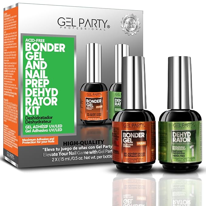 GELPARTY Nail Prep Kit 2x15ml – HEMA-Free Dehydrator & Acid-Free Primer Set for Acrylic, Gel, UV/LED & Press-On Nails – Strong Adhesion, No Burn, Fast-Dry Bonding Agent for Professional & DIY Use