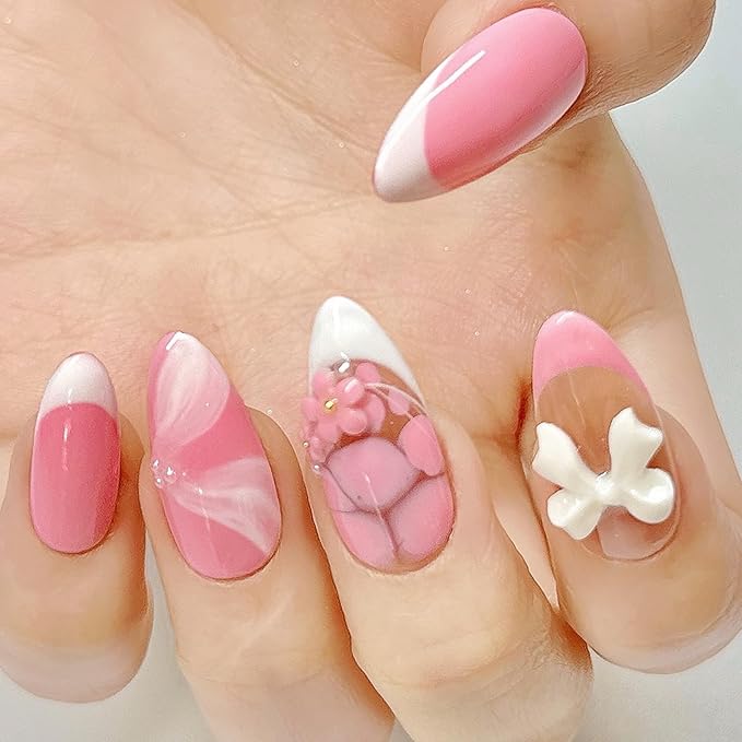 Handmade Press On Nails Medium Almond Baby Pink with White French Tip, Flower 3D Bow & More | Reusable Soft Gel Nails in 12 Sizes-24 Nail & Kit with Glue | Designed in L.A | Rosy Whispers