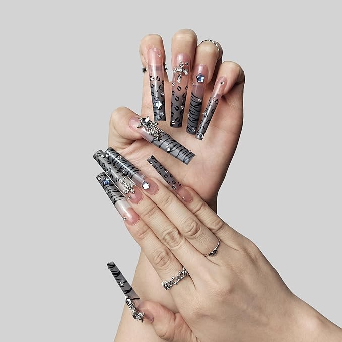 2025 Handmade Long Nails Reusable PMMA Acrylic Press on Nails Striped Gradient With Rhinestones Reusable Full Coverage Fake Nails Handmade Nails Ladies Fake Nail Set (Gradual Change, M)