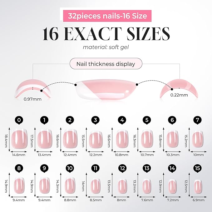 UNA GELLA 32Pcs Soft Gel Press on Nails - 16 Sizes Silver Mirror French Tip Short Square Glue on Nails, Reusable Metallic Chrome False Nails, Full Cover Acrylic Nail Kit for Women DIY Home Manicure