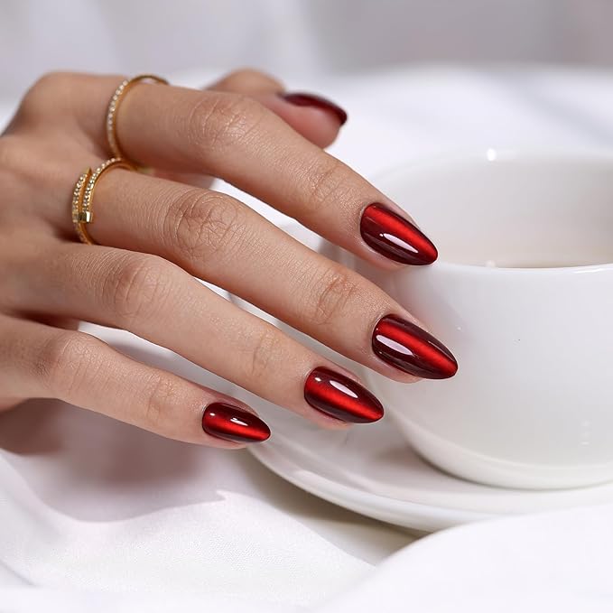 Dark Red Cat Eye Press on Nails Almond - SHANGMENG Soft Gel Valentines Short Press on Nails for Women Gift, Glossy Glue on Nails in 16 Sizes - 32 Reusable Fake Nails Kit with Glue, Wine