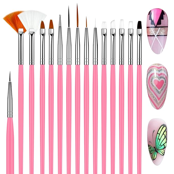 15pcs Pink Nail Art Brushes Set Nail Pen Designer Acrylic Nail Art Gel Painting Brushes Tool Dust Brush,Striping Brushes Dotting Tools for Long Lines Fan Brush Gel Polish Nail Art Supplies