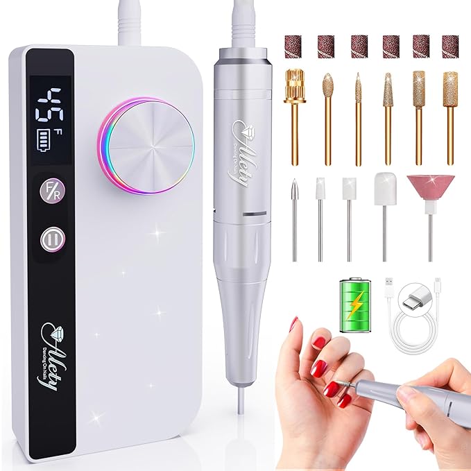 Nail Drill Professional 45000RPM Electric Nail File Kit, Upgraded Rechargeable Cordless Efile Set, Portable Acrylic Gel Nail Polish Remover Machine,Manicure Tool with 11 Gold Bits for Home/Salon