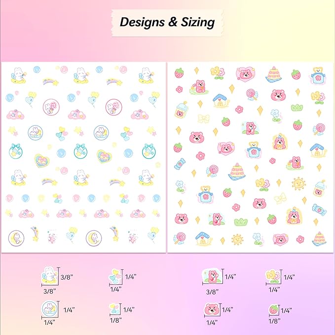 4 Sheets of 3D Nail Stickers - 274 Cute Nail Decals - Embossed Nail Stickers for Kids | Kawaii Theme - Stars, Hearts, Bunny, Pink Bear, Puppy, Cats | Glow in The Dark