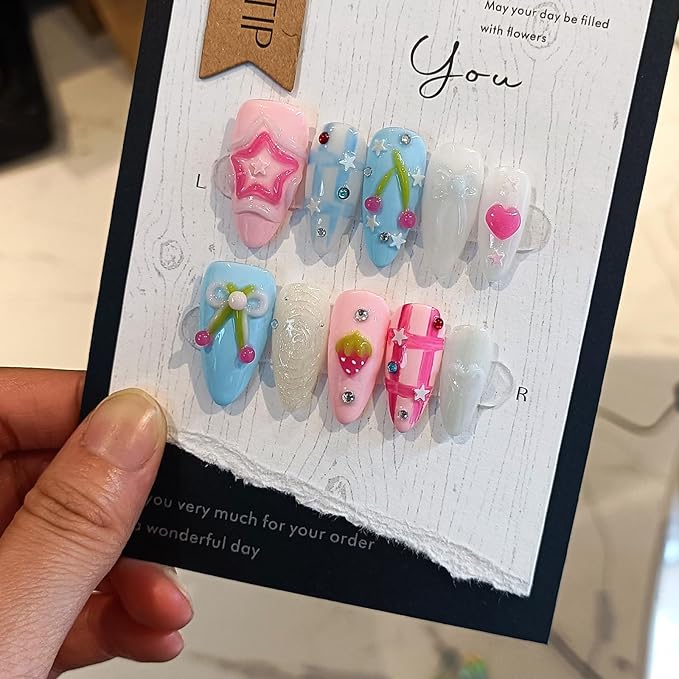 Handmade Press On Nails Almond,Blue Pink Summer Nails,Checkered Glitter Fruit False Nails with Rhinestone Stars Holographic Designs,Soft Gel Sweet Cute Fake Nails for Girls,10pcs(L,Blue Pink)