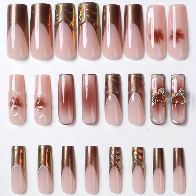 Long Square Press on Nails Fake Nails Artificial Nail Stick on Nail for Women Luxury 3D Gold Heart with Diamond & Brown Floral Nail Art on Metallic Brown Gold Ombre
