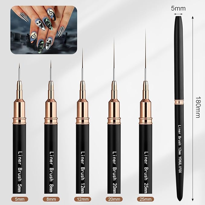 Metallic Nail Art Brushes，Nail Liner Brush Set，5PCS Nail Art Tools for Long Lines,Fine Drawing,Thin Details,Liner Brush Painting Art Design Nail Art Tool Sizes5/8/12/20/25mm，Black