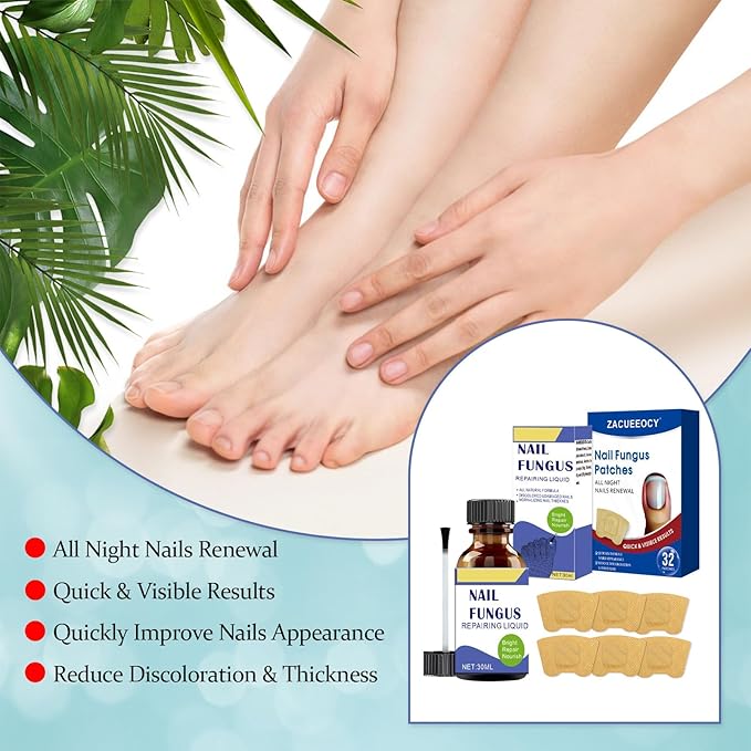 Toenail Fungus Treatment Extra Strength Kit, 30ml Nail Repair Solution and 32 Nail Renewal Patches for Damaged Thick Discolored Toenails and Fingernail