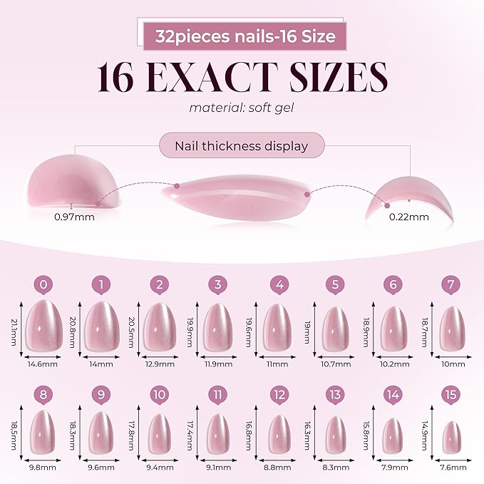 UNA GELLA Cat Eye Press On Nails: Almond Soft Gel Press Ons Short Kit with Nail Tips Glue on Nails, 16 Sizes - 32 Reusable Chrome Fake Nails Kit, Pink Rose