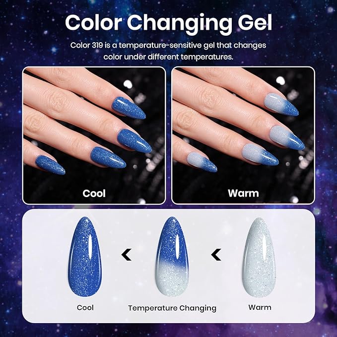 Beetles Cat Eye Gel Polish - Milky Way 6 Colors Gel Polish Set, Black Purple Blue Temperature Changing Glitter Nails, Galaxy Nails Kit with Magnet Stick Soak Off Uv Lamp Gel
