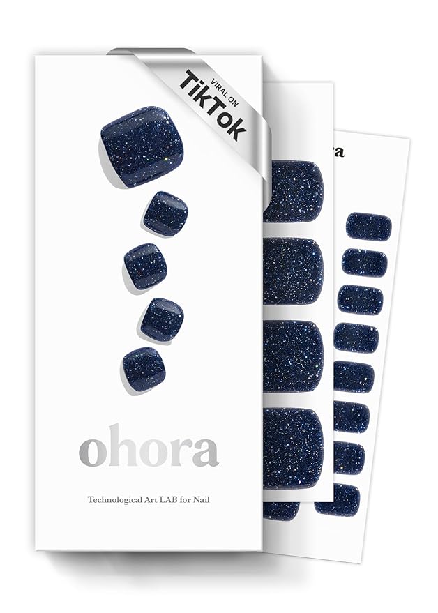 ohora Semi Cured Gel Pedi Strips (P Starry Night) - Red, Solid, Works with Any UV/LED Nail Lamps, Salon-Quality, Long Lasting, Easy to Apply & Remove - Includes 2 Prep Pads, Nail File & Wooden Stick