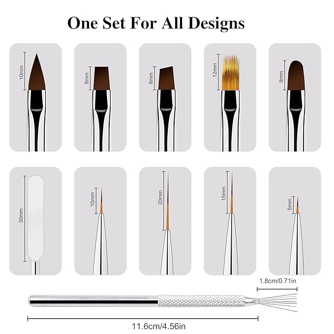 One 7-Pin Stainless Steel Nail Tool And 5pcs Double-Ended Nail Art Brushes Set With 5/10/15/20mm Liner Brushes, Gel Taking, Ombre/Flat/3D/Oval/Angled Brushes For DIY Manicures & Salons