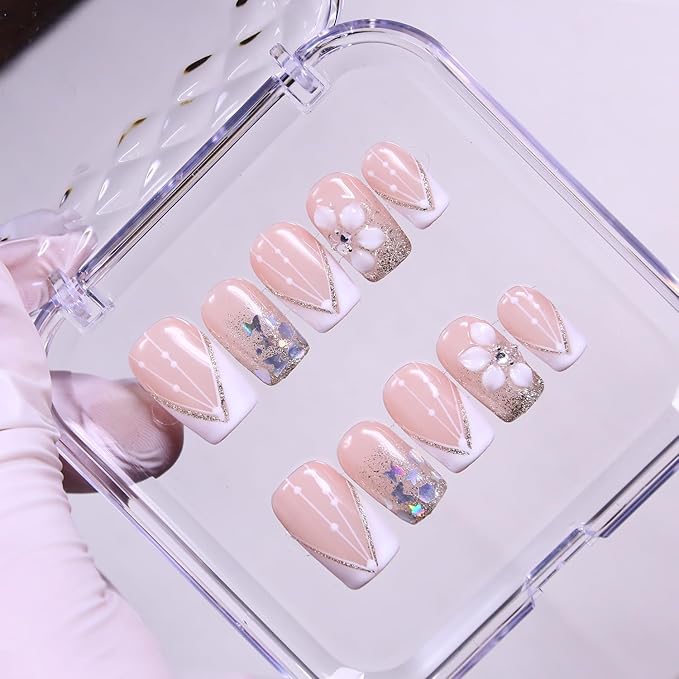 Press On Nails Medium Almond Shape - 3D Handmade Acrylic Gel Fake Nails with Glitter Designs, Reusable Thick Almond Nails for Women DIY Manicure Kit (10PCS, L Size, Easy Application)