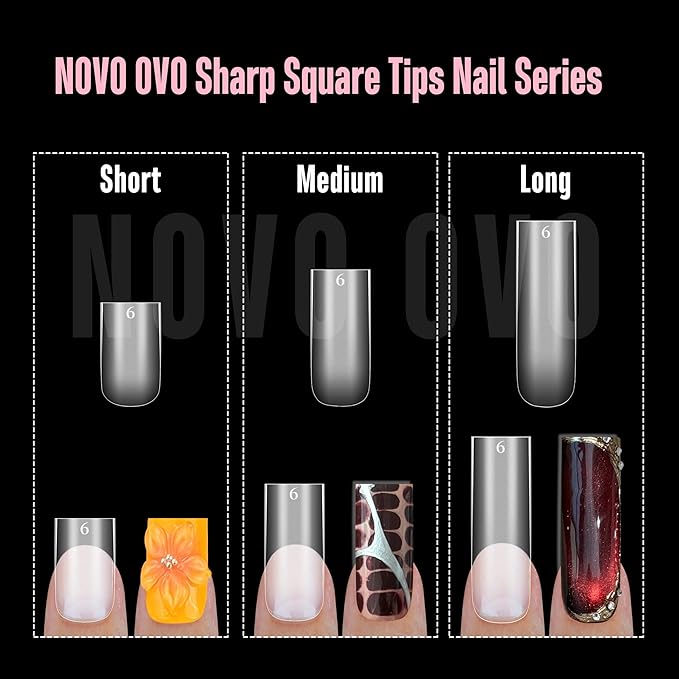 NOVO OVO Sharp Square Short Nail Tips Press on, Natural (Not Sculpted) No C Curve Soft Gel Double Matte Clear Fake Nail Extension, Full Cover False Nails for Salon DIY Manicure x 15 Sizes 240 pcs