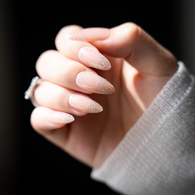 30Pcs Almond Press On Nails - Supremely Fit & Natural Soft Gel Almond Nails,15 Sizes, Reusable Fake Nails Kit with Gift Box for Women (Sparkle Nude)