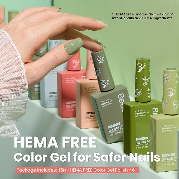 Beetles Spring Gel Polish Set - 6 Colors Hema Free 15ml Green Nude Pink Gel Polish Kit Soak Off Uv LED Nail Lamp DIY Home Manicure Salon Lakeside Serenity Gift for Women Girls st patricks