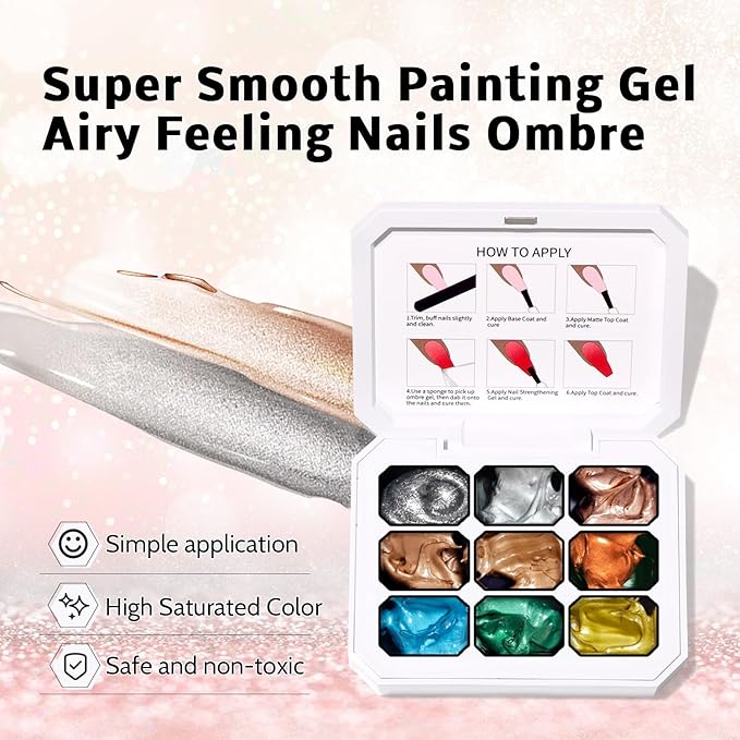 Chrome Metallic Gel Polish Set, Reflective Glitter Golid Silver Brown Blue Green Sparkle, 9 Colors Ombre Patting Gel Nail Polish Palette 100Sponges 6Brushes 1Grabber, No Wipe UV/LED Cured (Set 13)